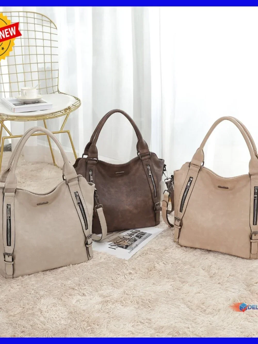 Large Vegan Leather Hobo Tote with Adjustable Strap, Multiple Pockets